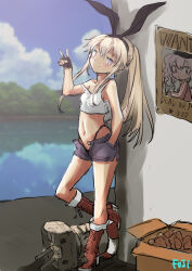 Rule 34 | 1girl, alternate costume, alternate hairstyle, black gloves, black hairband, black panties, blonde hair, boots, box, cardboard box, commentary request, crop top, cross-laced footwear, fingerless gloves, fuji (pixiv24804665), gloves, grey eyes, grey shorts, hairband, hand in pocket, highleg, highleg panties, highres, kantai collection, kashima (kancolle), lace-up boots, long hair, looking at viewer, open fly, panties, ponytail, poster (object), red footwear, rensouhou-chan, shimakaze (kancolle), short shorts, shorts, solo, underwear, wanted