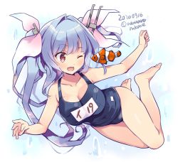 Rule 34 | 1girl, blue hair, blue one-piece swimsuit, breasts, cleavage, clownfish, dated, fang, fish, freediving, full body, hair ribbon, i-19 (kancolle), kantai collection, large breasts, long hair, name tag, odawara hakone, one-hour drawing challenge, one-piece swimsuit, one eye closed, red eyes, ribbon, school swimsuit, skin fang, smile, star-shaped pupils, star (symbol), swimsuit, symbol-shaped pupils, tri tails, twitter username, underwater