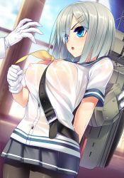 Rule 34 | 10s, 1boy, 1girl, admiral (kancolle), belt, black pantyhose, blue eyes, blush, breasts, dragonmaterial, gloves, hair ornament, hair over one eye, hairclip, hamakaze (kancolle), highres, kantai collection, large breasts, nipples, open mouth, pantyhose, personification, school uniform, see-through, serafuku, short hair, short sleeves, silver hair, skirt, wet, wet clothes, white gloves