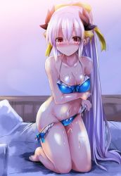 Rule 34 | 1girl, bed, bikini, blue bikini, blush, bow, breasts, cleavage, fate/grand order, fate (series), hair bow, hair ornament, horns, kiyohime (fate), kiyohime (fate/grand order), kiyohime (swimsuit lancer) (fate), kiyohime (swimsuit lancer) (third ascension) (fate), kneeling, long hair, looking at viewer, medium breasts, navel, ponytail, red eyes, sen (astronomy), silver hair, smile, solo, suggestive fluid, swimsuit, undressing, very long hair