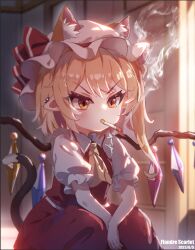 Rule 34 | 1girl, animal ear fluff, animal ears, ascot, blonde hair, blush, cat ears, cat tail, character name, cigarette, collared shirt, commentary, crystal, dated, diamond-shaped pupils, diamond (shape), ear piercing, ears through headwear, flandre scarlet, frilled shirt collar, frilled sleeves, frills, hat, hat ribbon, highres, kemonomimi mode, kong zhi xian yu, medium hair, mob cap, mouth hold, one side up, orange eyes, piercing, puffy short sleeves, puffy sleeves, red ribbon, red skirt, red vest, ribbon, shirt, short sleeves, skirt, smoke, smoking, solo, symbol-shaped pupils, tail, touhou, v-shaped eyebrows, vest, white hat, white shirt, wings, yellow ascot