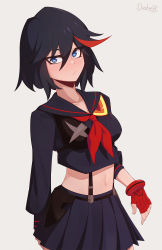 Rule 34 | 1girl, black hair, blue eyes, blush, breasts, closed mouth, commentary, cowboy shot, darahan, english commentary, fingerless gloves, gloves, grey background, kill la kill, looking at viewer, matoi ryuuko, microskirt, midriff, multicolored hair, navel, pleated skirt, red gloves, red hair, school uniform, serafuku, short hair, simple background, skirt, solo, streaked hair, suspenders, two-tone hair, white background
