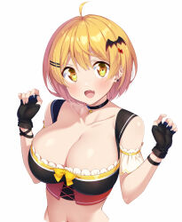 Rule 34 | 1girl, :d, ahoge, bare shoulders, bat hair ornament, black choker, black gloves, blonde hair, blush, breasts, choker, claw pose, cleavage, collarbone, commentary request, cropped torso, earrings, fang, fingerless gloves, gloves, hair between eyes, hair ornament, hairclip, hands up, hexagram, highres, hololive, jewelry, kazuma (kazumav), large breasts, looking at viewer, navel, open mouth, short hair, simple background, smile, solo, star (symbol), star earrings, upper body, virtual youtuber, white background, yellow eyes, yozora mel, yozora mel (2nd costume)