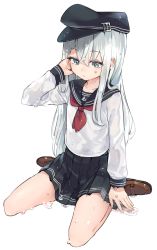 Rule 34 | 1girl, anchor symbol, bad id, bad twitter id, black legwear, black sailor collar, black skirt, blue eyes, brown footwear, commentary request, flat cap, grey eyes, hat, hibiki (kancolle), kantai collection, loafers, long hair, long sleeves, mitamgr, neckerchief, no legwear, pleated skirt, red neckerchief, sailor collar, school uniform, serafuku, shoes, silver hair, simple background, sitting, skirt, solo, wariza, wet, wet clothes, white background