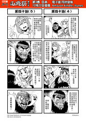 Rule 34 | 2boys, 2girls, 4koma, ascot, blush, chinese text, comic, detached sleeves, giving up the ghost, greyscale, highres, journey to the west, midriff, monochrome, multiple boys, multiple girls, otosama, scar, scar across eye, scar on face, simple background, sun wukong, tang sanzang, translated, zhu bajie