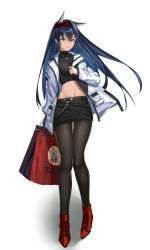 Rule 34 | 1girl, absurdres, alternate costume, animal ears, arknights, bag, black pantyhose, black shirt, black skirt, blaze (arknights), blue eyes, blue hair, cat ears, commentary, crop top, da faguan, full body, hair between eyes, hairband, high heels, highres, jacket, jewelry, long hair, long sleeves, looking at viewer, midriff, miniskirt, navel, open clothes, open jacket, pantyhose, pencil skirt, pendant, red footwear, red hairband, shirt, shopping bag, simple background, skirt, solo, standing, stomach, thighs, white background, white jacket