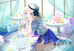 Rule 34 | 1girl, :o, artist request, ayase eli, bare legs, bare shoulders, black footwear, blonde hair, blue eyes, blue skirt, blush, breasts, cage, cup, elbow sleeves, female focus, full body, hair between eyes, holding, jewelry, long hair, looking at viewer, love live!, love live! school idol festival, love live! school idol project, medium breasts, orb, parted lips, ponytail, shirt, shoes, sitting, sitting on table, skirt, smile, solo, star (symbol), table, teacup, teapot, white headwear, white shirt, white wrist cuffs, wrist cuffs, zurama032