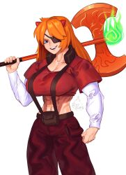 Rule 34 | abs, axe, battle axe, bitter bomb, blue eyes, fire, green fire, highres, holding, holding weapon, muscular, muscular female, orange hair, pants, red pants, weapon, zess (zesty jesus)