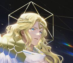 Rule 34 | 1boy, 6 (reverse:1999), absurdres, ancient greek clothes, artist name, black background, blonde hair, blue eyes, circlet, curly hair, dankashu, greco-roman clothes, hexagon, highres, light particles, long hair, male focus, parted lips, portrait, reverse:1999, signature