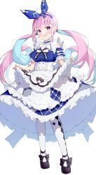 Rule 34 | 1girl, absurdres, apron, apron hold, black footwear, blue dress, blue hair, blue hairband, blue nails, blush, bow hairband, braid, breasts, colored inner hair, commentary, darjeeling (reley), dress, drill hair, frilled apron, frilled dress, frills, full body, hairband, highres, hololive, large breasts, long hair, looking at viewer, minato aqua, minato aqua (aqua iro in wonder land), multicolored hair, nail polish, open mouth, pantyhose, pink hair, puffy short sleeves, puffy sleeves, purple eyes, shoes, short sleeves, simple background, smile, solo, spade (shape), standing, twin drills, twintails, very long hair, virtual youtuber, white apron, white background, white pantyhose