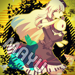 Rule 34 | 1girl, blonde hair, bow, button eyes, buttons, circle, gloves, heart, mayu (vocaloid), momoiro oji, open mouth, rabbit, solo, striped, striped background, stuffed animal, stuffed rabbit, stuffed toy, usano mimi, vocaloid, yellow eyes