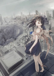Rule 34 | 1girl, absurdres, black hair, blue reflection (series), blue reflection sun, brown eyes, cityscape, commentary request, concept art, crater, expressionless, highres, kasuga shiho, kishida mel, long hair, looking at viewer, on roof, overcast, ruins, sketch, skirt, sky, solo, torn clothes, wind
