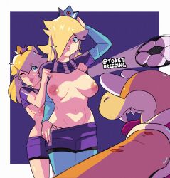 Rule 34 | 1boy, 2girls, assisted exposure, ball, blonde hair, boom boom, breasts, breasts out, clothes lift, crown, highres, large breasts, shirt lift, mario (series), mario strikers: battle league, multiple girls, nintendo, nipples, no bra, one eye closed, one eye covered, pink lips, princess peach, puffy areolae, rosalina, shirt lift, soccer ball, sports uniform, tagme, toastbreeding, undressing another