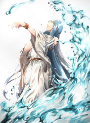 Rule 34 | absurdres, ancient greek clothes, animal ears, blue hair, bracelet, cat ears, clothing cutout, dress, feet out of frame, fingernails, flying witch, greco-roman clothes, head chain, highres, jewelry, long dress, long hair, shoulder cutout, teppu tora, very long hair, water, white dress, wide sleeves