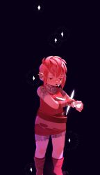 Rule 34 | 1girl, absurdres, belt, black background, boots, brown footwear, collar, crying, ear piercing, earrings, highres, holding, holding sword, holding weapon, jewelry, multiple girls, nimona, nimona (character), okurahomamikusa, piercing, red hair, red tunic, self-harm, short hair, sidelocks, simple background, solo, stab, sword, undercut, weapon