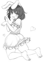 Rule 34 | 1girl, animal ears, ass, barefoot, blush, commentary request, full body, greyscale, haseru (ginku mh), heart, highres, inaba tewi, looking at viewer, monochrome, paw pose, rabbit ears, rabbit girl, shirt, short hair, short sleeves, simple background, skirt, solo, touhou