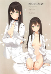 Rule 34 | 10s, 1girl, absurdres, arm at side, blush, breasts, brown background, brown hair, buttons, character profile, choker, closed mouth, collarbone, collared shirt, covering privates, covering crotch, dress shirt, english text, full body, green eyes, groin, head tilt, highres, idolmaster, idolmaster cinderella girls, jewelry, light frown, long hair, long sleeves, looking at viewer, medium breasts, multiple views, naked shirt, navel, necklace, no bra, ooyari ashito, parted lips, pendant, scan, seiza, shibuya rin, shirt, simple background, sitting, stomach, straight hair, tareme, thighs, unbuttoned, upper body, white shirt, wing collar
