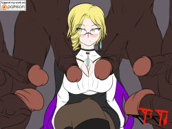 Rule 34 | 1girl, blonde hair, breasts, dark-skinned male, dark skin, glynda goodwitch, group sex, interracial, penis, rwby, suicidetoto, text focus, uncensored