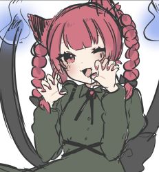 Rule 34 | 1girl, ;d, animal ears, bad id, bad twitter id, black bow, blush, bow, braid, cat ears, claw pose, dress, fang, flame-tipped tail, flat color, green dress, highres, kaenbyou rin, long sleeves, nail polish, necono (nyu6poko), nekomata, one eye closed, open mouth, red eyes, red hair, red nails, sketch, skin fang, smile, solo, tail, touhou, twin braids, unfinished