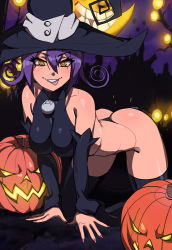 Rule 34 | 1girl, :p, all fours, arched back, ass, bad id, bad pixiv id, black hat, black thighhighs, blair (soul eater), breasts, cleavage, detached sleeves, fang, flipped hair, g-string, hair between eyes, halloween, hat, highres, impossible clothes, jack-o&#039;-lantern, large breasts, maniacpaint, pumpkin, purple hair, skin tight, slit pupils, solo, soul eater, thighhighs, thong, tongue, tongue out, white background, witch, witch hat, yellow eyes
