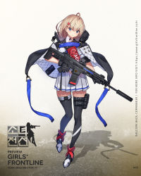 Rule 34 | 1girl, acr (girls&#039; frontline), adaptive combat rifle, ahoge, ankle boots, assault rifle, black gloves, black jacket, black thighhighs, blonde hair, blue eyes, blush, boots, breasts, buckle, character name, closed mouth, fingerless gloves, full body, girls&#039; frontline, gloves, gun, hair behind ear, hair between eyes, hair ornament, hairclip, highres, holding, jacket, looking at viewer, mole, mole under eye, official art, padded cloak, padding, panties, remington arms, rifle, saitou masatsugu, short hair, sidelocks, skirt, snap-fit buckle, solo, suppressor, thigh strap, thighhighs, trigger discipline, underwear, watermark, weapon, white skirt, zettai ryouiki