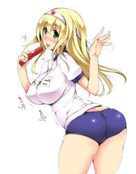 Rule 34 | 10s, 1girl, :d, alternate costume, ass, atago (kancolle), baton, blonde hair, blush, bouncing breasts, breasts, buruma, butt crack, cameltoe, covered erect nipples, cowboy shot, green eyes, gym uniform, hachimaki, headband, kantai collection, large breasts, leaning forward, long hair, looking at viewer, name tag, nose blush, oohira sansetto, oohira sunset, open mouth, puffy short sleeves, puffy sleeves, short sleeves, skindentation, smile, solo, sweat, thighs, twisted torso