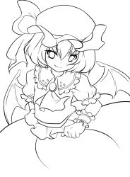 Rule 34 | 1girl, akina (schism), bad id, bad pixiv id, bat wings, female focus, greyscale, hat, highres, lineart, monochrome, remilia scarlet, smile, solo, touhou, transparent background, wings
