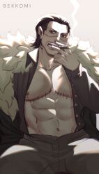 Rule 34 | 1boy, abs, bekkomi, black hair, cigar, coat, crocodile (one piece), feet out of frame, fur coat, hair slicked back, highres, large pectorals, looking to the side, male focus, mastectomy scar, mature male, muscular, muscular male, navel, nipples, one piece, open clothes, open shirt, pectoral cleavage, pectorals, scar, scar on chest, scar on face, short hair, smoking, solo, spread legs, stitches, stomach