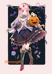 Rule 34 | 1girl, :d, absurdres, black bow, black dress, blush, bow, breasts, candy, cleavage, demon horns, detached sleeves, dress, fang, food, frilled socks, frills, full body, hair bow, halloween, highres, holding, horns, jack-o&#039;-lantern, kneehighs, lolita fashion, long hair, looking at viewer, neck ribbon, open mouth, original, outline, pink eyes, pink hair, pointy ears, red bow, red footwear, ribbon, shoes, small breasts, smile, socks, solo, standing, striped ribbon, white bow, yellow outline, yuzhi