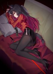 Rule 34 | 1girl, adapted costume, animal ear fluff, animal ears, arknights, black footwear, black hair, black neckerchief, black pantyhose, breasts, closed eyes, colored inner hair, couch, ddt (darktrident), expressionless, from above, full body, highres, large breasts, long hair, long sleeves, looking away, lying, multicolored hair, neckerchief, official alternate costume, on bed, on couch, on side, pantyhose, pillow, red eyes, red hair, red shirt, shirt, sword, tail, texas (arknights), texas (willpower) (arknights), two-tone hair, underbust, weapon, wolf ears, wolf girl, wolf tail
