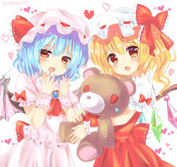 Rule 34 | 2girls, artist name, ascot, bat wings, blonde hair, blue hair, blue nails, blush, bow, commentary request, cowboy shot, crystal, dress, fang, flandre scarlet, frilled bow, frilled ribbon, frilled shirt collar, frills, hair between eyes, hands up, hat, hat bow, hat ribbon, head tilt, heart, heart-shaped pupils, highres, holding, holding stuffed toy, looking at viewer, mob cap, multiple girls, nail polish, one side up, open mouth, pink dress, pink hat, puffy short sleeves, puffy sleeves, ramudia (lamyun), red ascot, red bow, red eyes, red nails, red ribbon, red skirt, red vest, remilia scarlet, ribbon, ribbon-trimmed bow, ribbon trim, short hair, short sleeves, siblings, simple background, sisters, skirt, skirt set, standing, stuffed animal, stuffed toy, symbol-shaped pupils, teddy bear, touhou, twitter username, vest, white background, white hat, wings, wrist cuffs