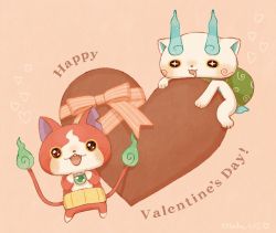 Rule 34 | 10s, bad id, bad pixiv id, blush, candy, cat, chocolate, chocolate heart, drooling, english text, fangs, flame-tipped tail, food, food focus, furoshiki, happy valentine, haramaki, heart, jibanyan, kanacho, komasan, multiple tails, no humans, notched ear, open mouth, oversized object, sparkling eyes, tail, two tails, valentine, traditional youkai, youkai watch