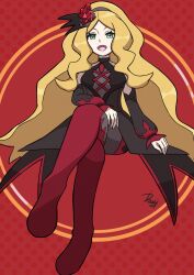 Rule 34 | 1girl, :d, black dress, blonde hair, caitlin (fall 2021) (pokemon), caitlin (pokemon), creatures (company), crossed legs, detached sleeves, dress, full body, game freak, green eyes, hair ornament, halloween, halloween costume, high ponytail, highres, ida (idalol490), long hair, looking at viewer, nintendo, official alternate costume, official alternate hairstyle, open mouth, parted bangs, pokemon, pokemon masters ex, ponytail, red background, red thighhighs, signature, smile, solo, thighhighs, very long hair