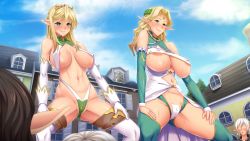 Rule 34 | 2girls, almia agraliel, areola slip, blonde hair, blush, breasts, cameltoe, closed mouth, covered erect nipples, crown, day, earrings, elf, embarrassed, ephildis agraliel, exhibitionism, game cg, green eyes, groin, house, huge breasts, huracan, jewelry, kyonyuu elf oyako saimin, large breasts, legs, long hair, lune (company), maebari, mother and daughter, multiple girls, navel, original, outdoors, pasties, pointy ears, public indecency, pussy, revealing clothes, sky, smile, squatting, standing, sweat, thighhighs, thighs, underboob
