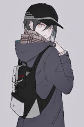 Rule 34 | 1boy, ahoge, alternate costume, backpack, bag, baseball cap, black bag, black hair, black hat, brown eyes, closed mouth, coat, commentary request, danganronpa (series), danganronpa v3: killing harmony, expressionless, from side, grey background, grey coat, hand up, hat, highres, iumi urura, long sleeves, looking at viewer, looking back, looking to the side, male focus, monokuma, plaid, plaid scarf, saihara shuichi, scarf, short hair, simple background, solo, white bag