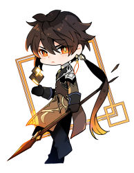 Rule 34 | 1boy, absurdres, black gloves, black hair, blush, brown hair, chibi, closed mouth, earrings, floating, floating object, formal, genshin impact, gloves, hair between eyes, highres, hmkang07, holding, holding weapon, jacket, jewelry, long hair, long sleeves, looking at viewer, male focus, multicolored hair, polearm, ponytail, simple background, single earring, solo, spear, standing, standing on one leg, suit, tassel, tassel earrings, weapon, yellow eyes, zhongli (genshin impact)
