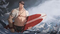 Rule 34 | 1boy, abs, bara, bird, black hair, black male swimwear, cloud, collared shirt, day, dove, highres, holding, holding surfboard, jammers, large pectorals, male focus, male swimwear, muscular, muscular male, navel, open clothes, open shirt, original, outdoors, pectorals, rain, shirt, short hair, sky, solo, surfboard, water, water drop, wet, wet clothes, whistle, whistle around neck, dove, white shirt, wristband, zhuganchangjiadan