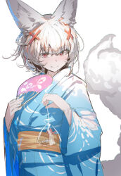 Rule 34 | 1girl, animal, animal ear fluff, animal ears, bag, bagged fish, blue kimono, braid, closed mouth, commentary request, fang, fang out, fish, fox ears, fox girl, fox tail, goldfish, grey hair, hair between eyes, hair ornament, hair rings, hand fan, hands up, highres, holding, holding fan, japanese clothes, kimono, long sleeves, looking at viewer, obi, original, paper fan, red eyes, sash, simple background, smile, solo, tail, uchiwa, water, white background, wide sleeves, x hair ornament, yuuji (yukimimi)
