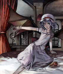 Rule 34 | 1girl, :d, bat wings, bed, bed sheet, curtains, female focus, hat, indoors, kneeling, looking at viewer, mizuta kenji, mob cap, on bed, open mouth, puffy short sleeves, puffy sleeves, red eyes, remilia scarlet, short sleeves, silver hair, smile, solo, touhou, traditional media, wings