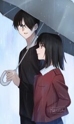 Rule 34 | 1boy, 1girl, black hair, black shirt, blue eyes, blue kimono, brown eyes, commentary request, fur-trimmed jacket, fur trim, glasses, hair over one eye, hands in pockets, height difference, highres, holding, holding umbrella, jacket, japanese clothes, kara no kyoukai, kimono, kokutou mikiya, long sleeves, looking at another, one eye covered, open mouth, profile, rain, red jacket, ryougi shiki, shared umbrella, shintyoi2, shirt, short hair, signature, smile, umbrella