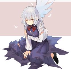 Rule 34 | 1girl, arm grab, arm support, black footwear, bow, bowtie, breast hold, breasts, commentary request, dress, falken (yutozin), feathers, full body, grabbing own arm, hair between eyes, highres, jacket, kishin sagume, long sleeves, looking at viewer, medium breasts, one-hour drawing challenge, one eye closed, open clothes, open jacket, pink background, purple dress, red bow, red bowtie, red eyes, shoes, short hair, silver hair, single wing, sitting, solo, torn clothes, torn dress, torn jacket, touhou, two-tone background, wariza, white background, white jacket, white wings, wings