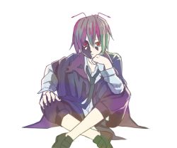 Rule 34 | 1girl, aharan, androgynous, antennae, bad id, bad pixiv id, cape, female focus, green hair, necktie, red eyes, reverse trap, short hair, solo, staring, torn clothes, touhou, wriggle nightbug