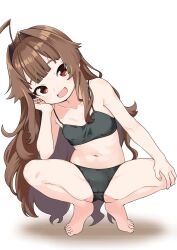 Rule 34 | 1girl, ahoge, black camisole, black panties, blunt bangs, breasts, brown eyes, brown hair, camisole, commentary request, elbow on knee, fang, full body, hand on own knee, head rest, head tilt, kantai collection, kuma (kancolle), long hair, looking at viewer, nassukun, navel, open mouth, panties, parted bangs, small breasts, solo, spread legs, squatting, stomach, tiptoes, underwear, underwear only, very long hair, white background