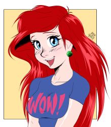Rule 34 | 1990s (style), 1girl, anime coloring, ariel (disney), blue eyes, breasts squeezed together, breasts, disney, earrings, eyebrows, happy, highres, jewelry, kaminari house, large breasts, open mouth, red hair, simple background, sketch, smile, solo, the little mermaid, upper body