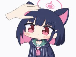Rule 34 | &gt; &lt;, 1girl, 1other, animal ears, animated, animated gif, black hair, black hoodie, blue archive, blush stickers, cat ears, chibi, closed eyes, colored inner hair, commentary request, disembodied limb, ear wiggle, halo, hand on another&#039;s head, head down, headpat, heart, heart background, hood, hoodie, kazusa (blue archive), multicolored hair, neckerchief, pink hair, pink neckerchief, red eyes, school uniform, serafuku, short hair, simple background, solo focus, two-tone hair, umihio, upper body, white background