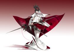 Rule 34 | 111qgs, 1girl, absurdres, dress, full body, gradient background, highres, holding, holding weapon, jewelry, looking at viewer, original, red background, red eyes, ring, shadow, sheath, sheathed, solo, standing, sword, two-tone background, unmoving pattern, weapon, white background, white dress, white hair, wide sleeves