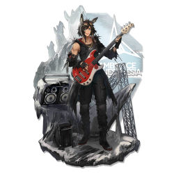 Rule 34 | 1boy, animal ears, arknights, armband, artist request, black gloves, black pants, brown hair, commentary request, courier (arknights), dated, facing viewer, fingerless gloves, full body, gloves, goggles, goggles on head, guitar, highres, instrument, male focus, md5 mismatch, music, non-web source, official art, pants, photoshop (medium), playing instrument, red scarf, scarf, simple background, sleeveless, source request, white background