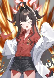 Rule 34 | 1girl, ahoge, black hair, black horns, black shirt, black tail, blue archive, closed eyes, coat, collared shirt, cowboy shot, demon horns, fang, hair intakes, halo, highres, horns, kasumi (blue archive), lab coat, long hair, open mouth, raimu (clanberry000), red halo, red shirt, shirt, shirt tucked in, sleeves past fingers, sleeves past wrists, smile, solo, white coat