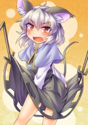 Rule 34 | 1girl, anger vein, animal ears, blush, clothes lift, dowsing rod, fang, female focus, fun bo, grey hair, jewelry, looking at viewer, mouse ears, mouse tail, nazrin, open mouth, pendant, red eyes, short hair, skirt, skirt lift, solo, symbol-shaped pupils, tail, touhou