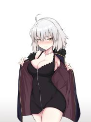 Rule 34 | 1girl, ahoge, armpits, blush, breasts, cleavage, cowboy shot, fate/grand order, fate (series), fur trim, grey hair, jacket, jeanne d&#039;arc (fate), jeanne d&#039;arc alter (fate), jeanne d&#039;arc alter (ver. shinjuku 1999) (fate), jewelry, kumasteam, large breasts, looking at viewer, necklace, official alternate costume, open clothes, open jacket, short hair, slit pupils, solo, sweatdrop, thighs, white background, yellow eyes